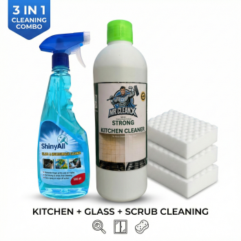Mr. CleanX Complete Kitchen & Glass Cleaning Combo | Kitchen Cleaner, Glass Cleaner & Scrub Sponges (Pack of 3)