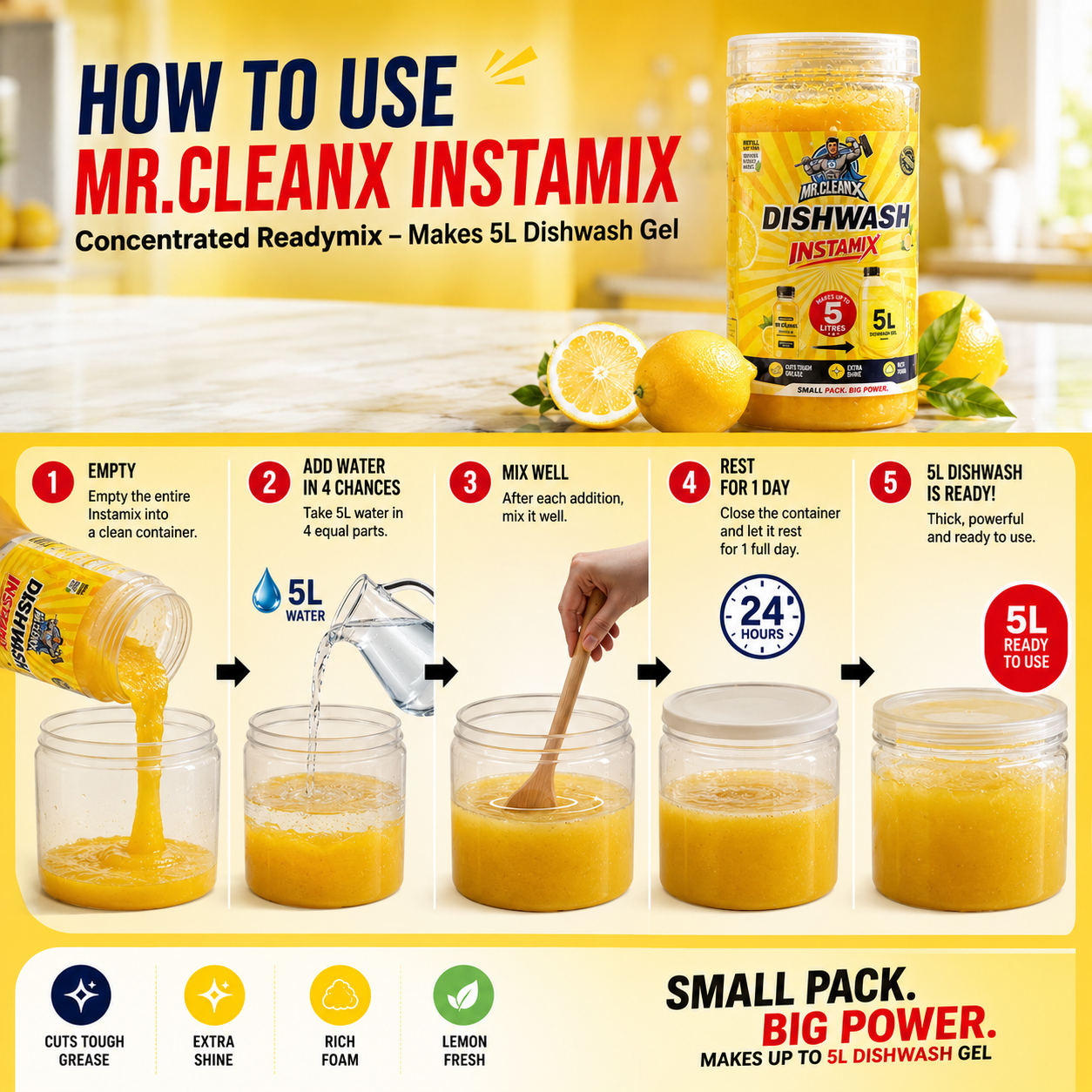 MR. CLEANX Dishwash Instamix Lemon Gel Concentrate | Makes Up to 5 Litres | Tough on Grease | Rich Foam & Extra Shine | Ready Mix Dishwashing Liquid for Kitchen Utensils - Image 4