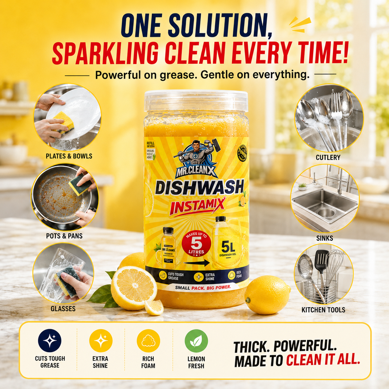 MR. CLEANX Dishwash Instamix Lemon Gel Concentrate | Makes Up to 5 Litres | Tough on Grease | Rich Foam & Extra Shine | Ready Mix Dishwashing Liquid for Kitchen Utensils - Image 5