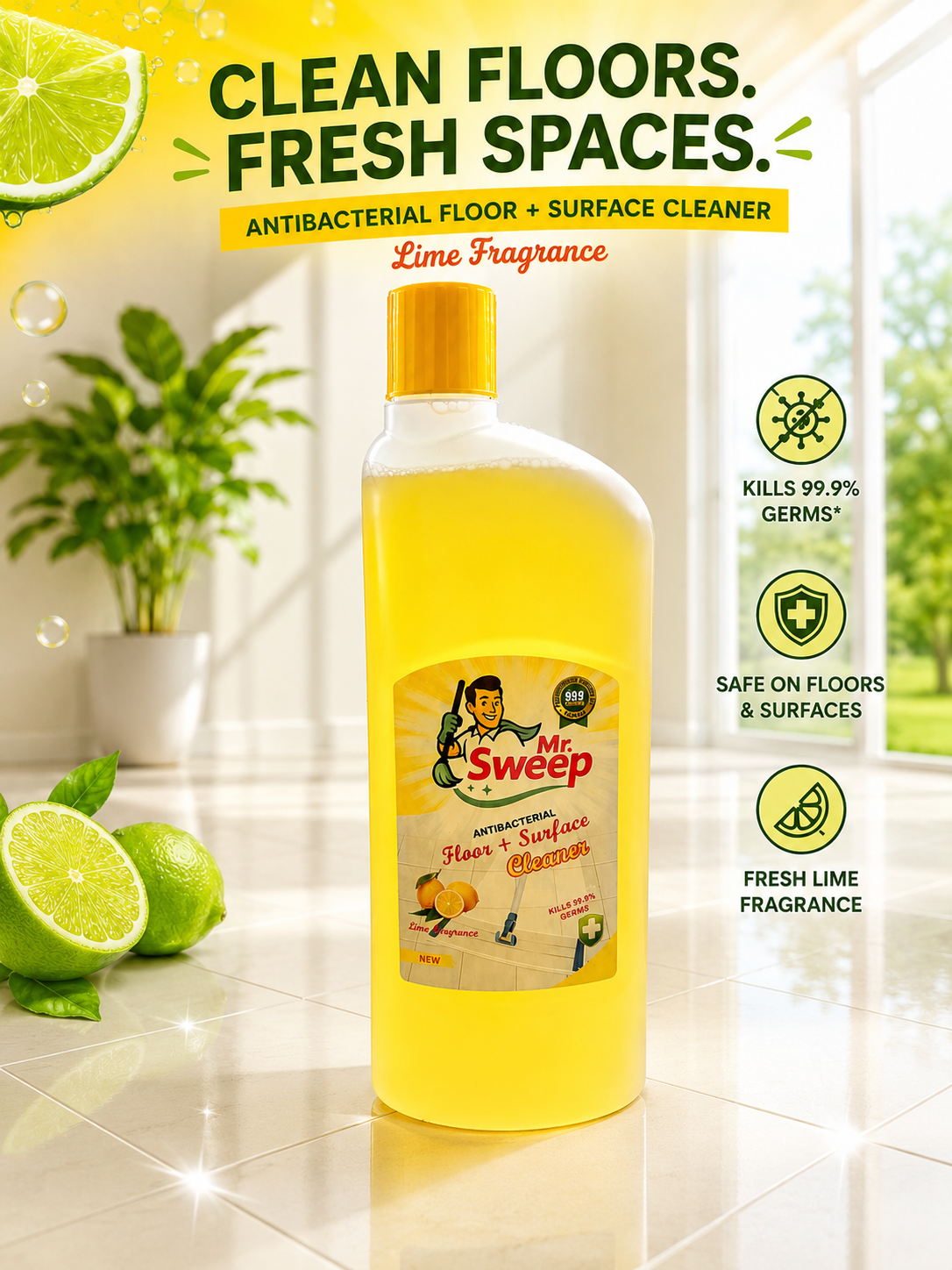 Mr. Sweep Floor Cleaner Liquid Lemon Fresh | Antibacterial Surface Cleaner for Tiles, Marble, Kitchen & Bathroom | Long Lasting Fragrance