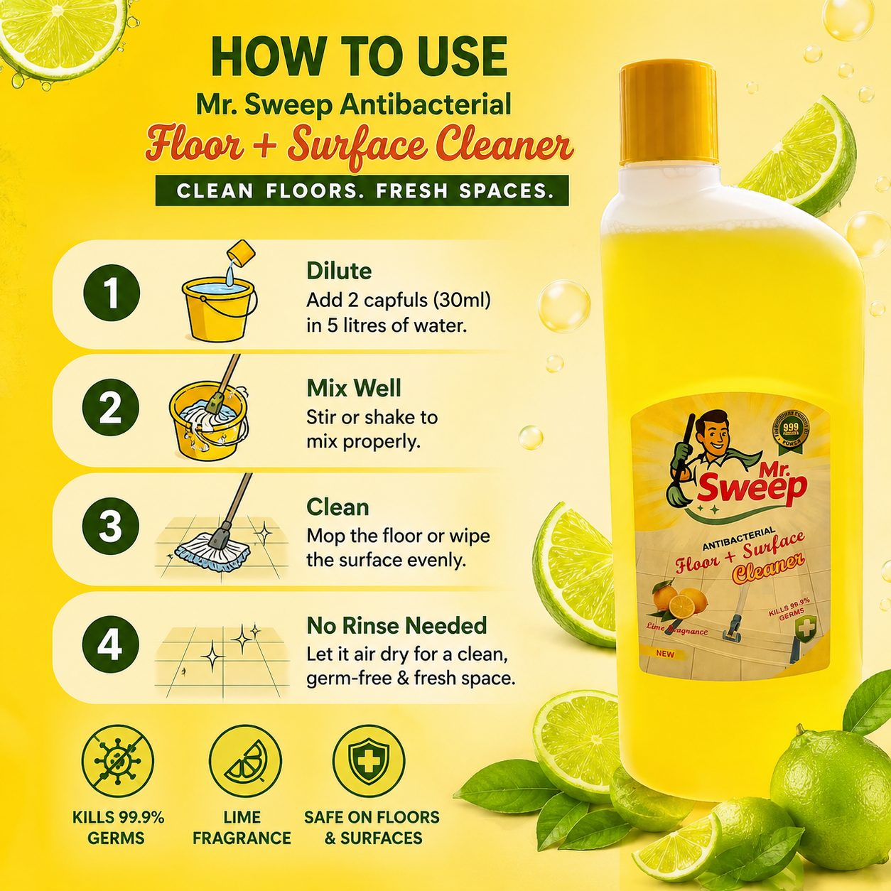 Mr. Sweep Floor Cleaner Liquid Lemon Fresh | Antibacterial Surface Cleaner for Tiles, Marble, Kitchen & Bathroom | Long Lasting Fragrance - Image 3