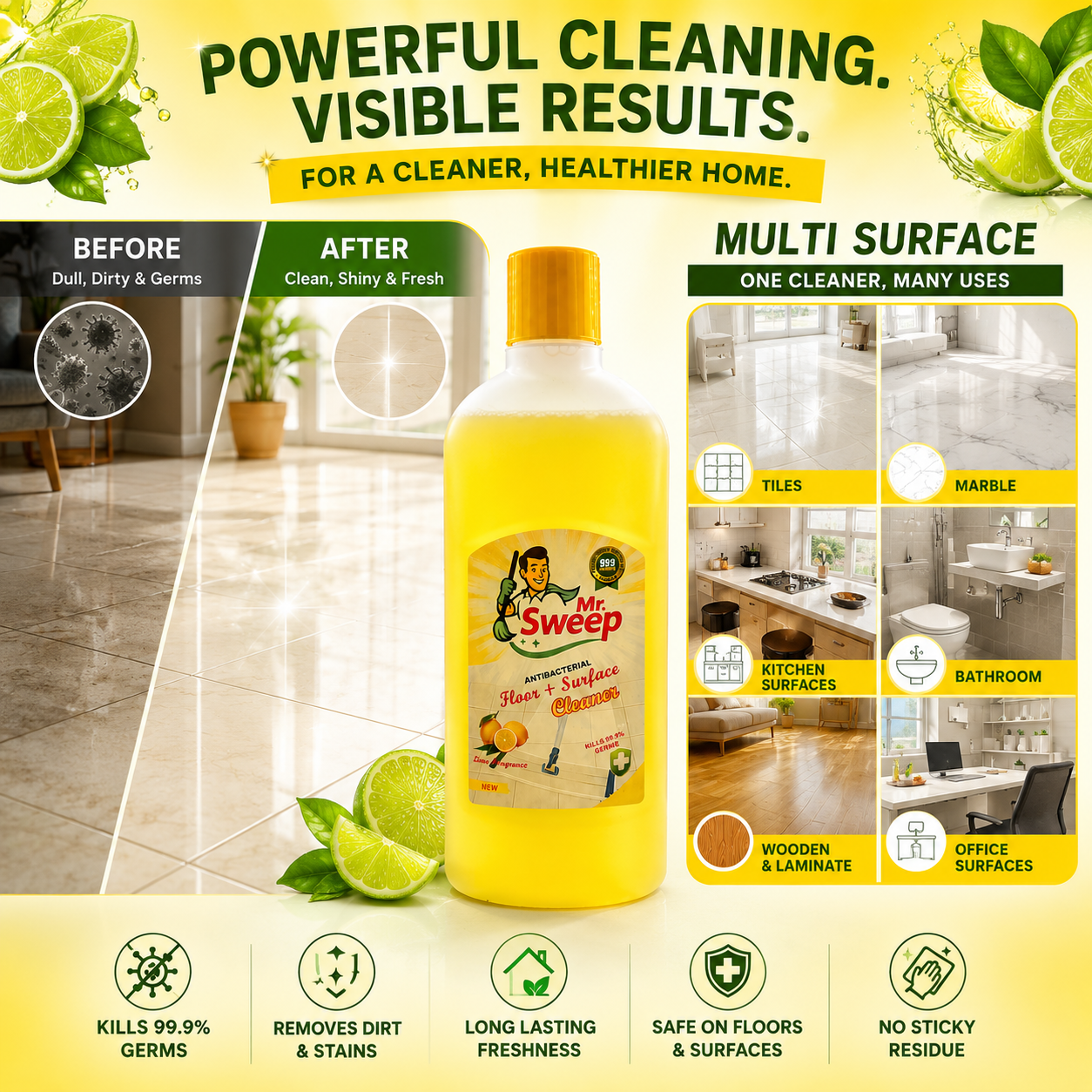 Mr. Sweep Floor Cleaner Liquid Lemon Fresh | Antibacterial Surface Cleaner for Tiles, Marble, Kitchen & Bathroom | Long Lasting Fragrance - Image 4