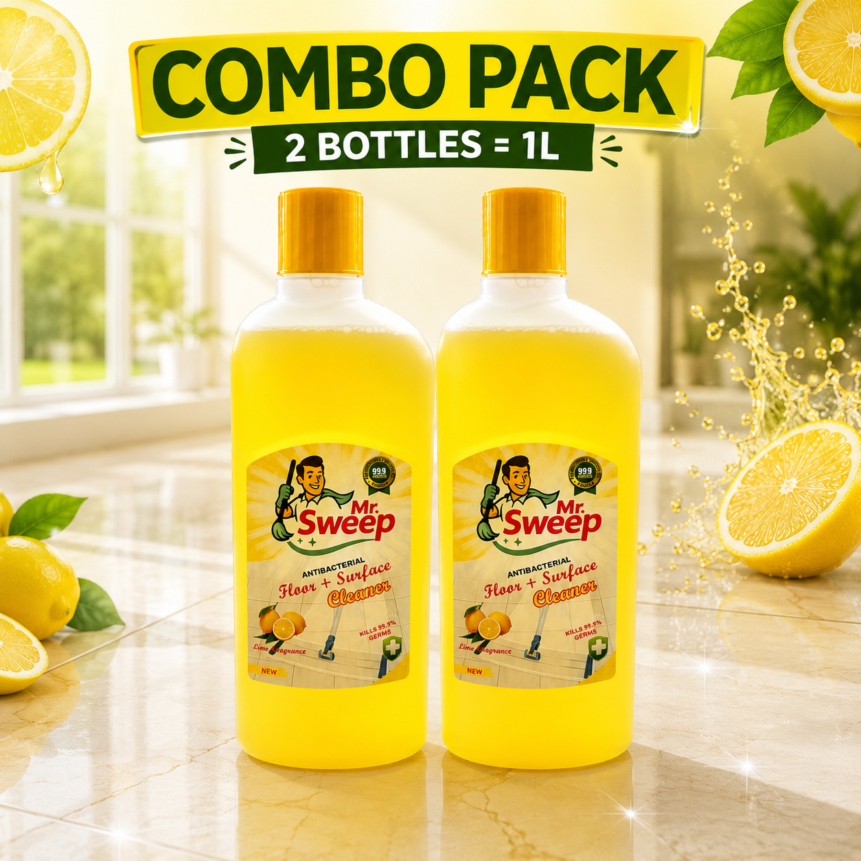 Mr. Sweep Floor Cleaner Liquid Lemon Fresh | Antibacterial Surface Cleaner for Tiles, Marble, Kitchen & Bathroom | Long Lasting Fragrance | 500ml x 2